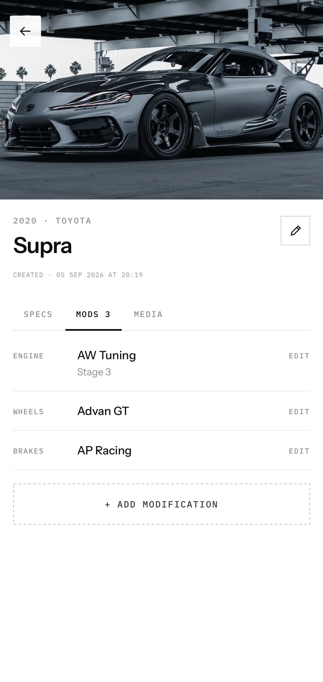 Apex Drive vehicle detail listing engine, wheel and brake modifications