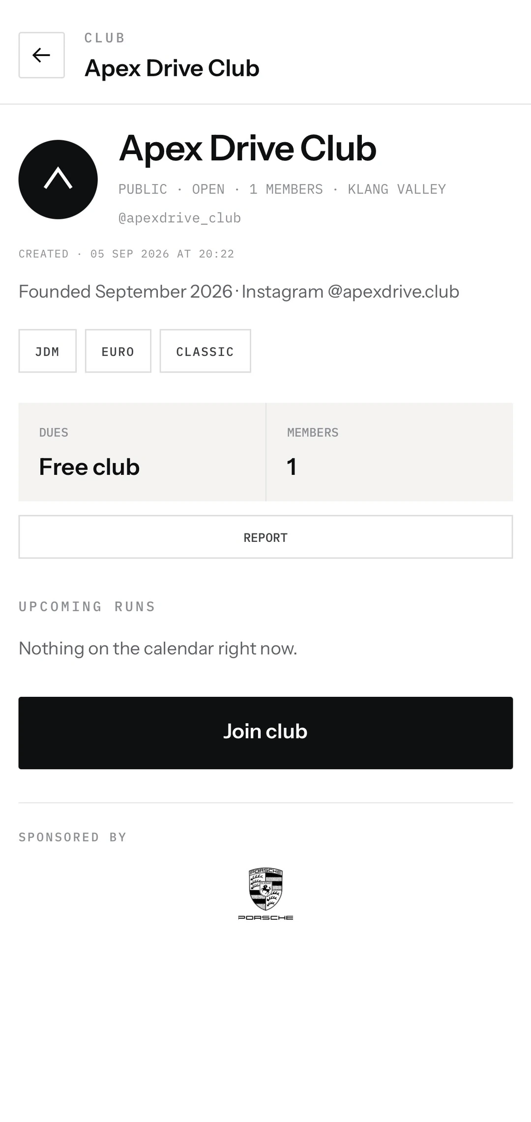 Apex Drive club page with dues, members, upcoming runs and a sponsor