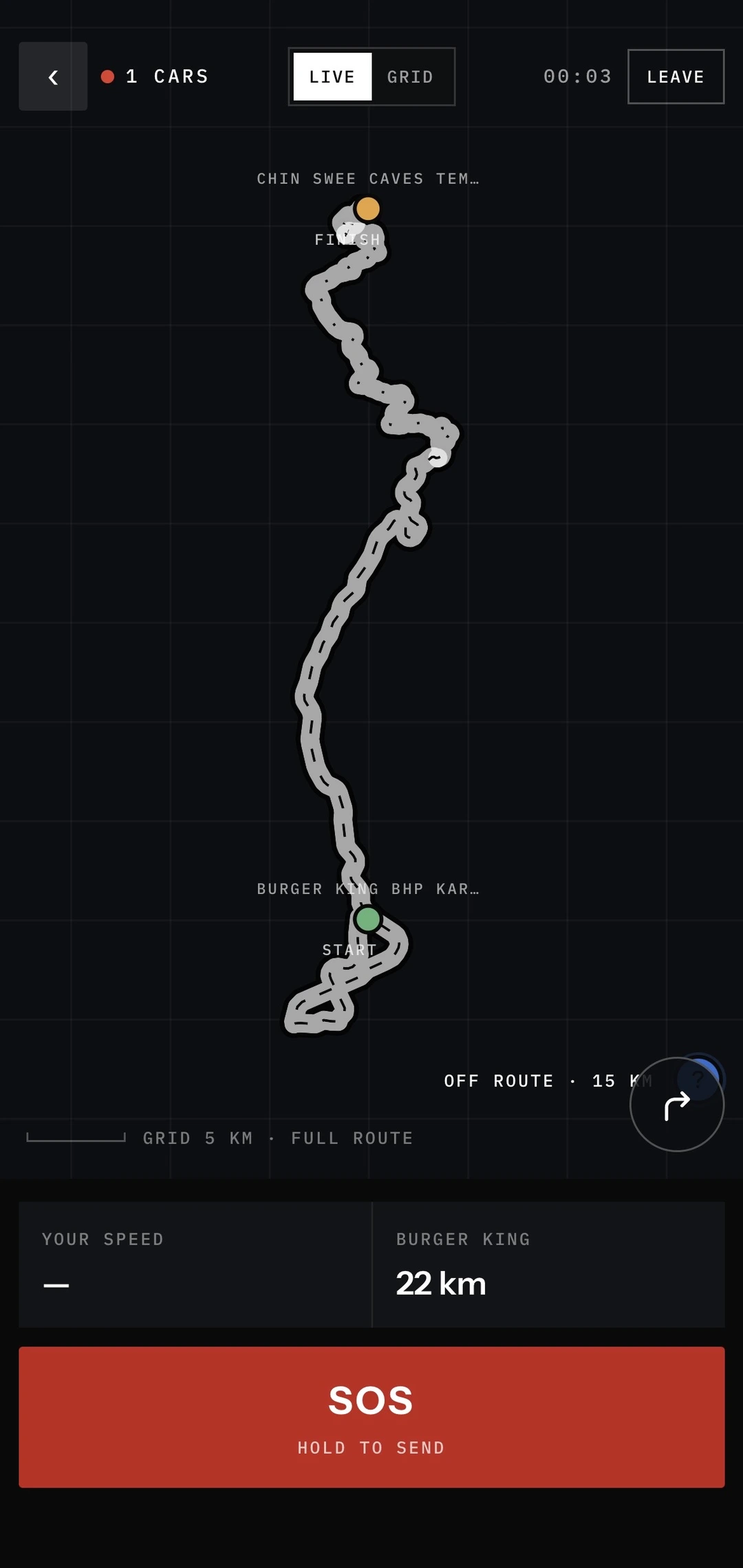 Apex Drive live convoy map with route, lead and sweep, and a hold-to-send SOS
