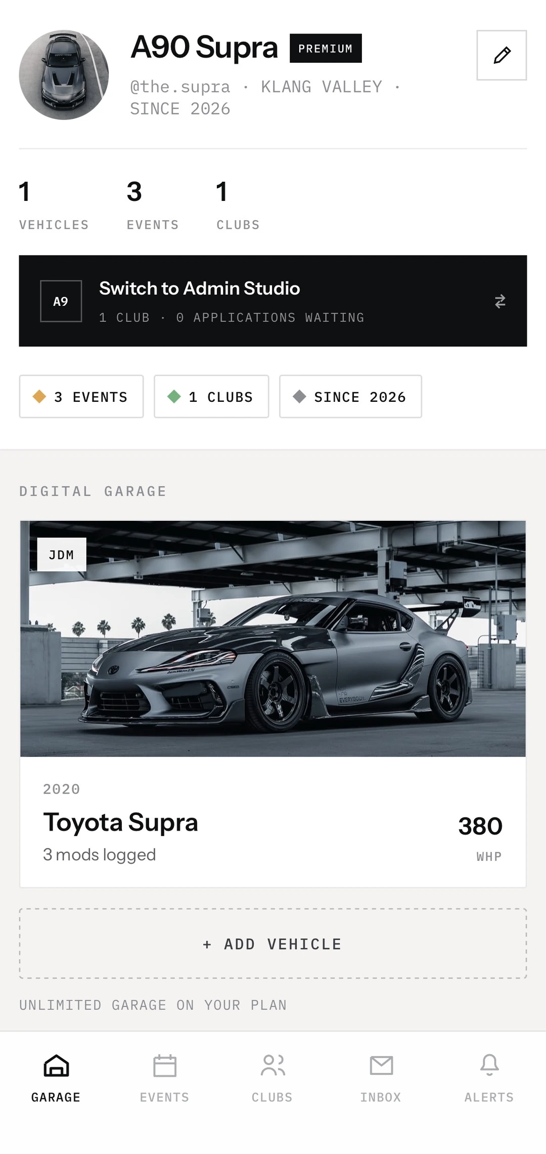 Apex Drive digital garage showing a driver profile and their vehicle