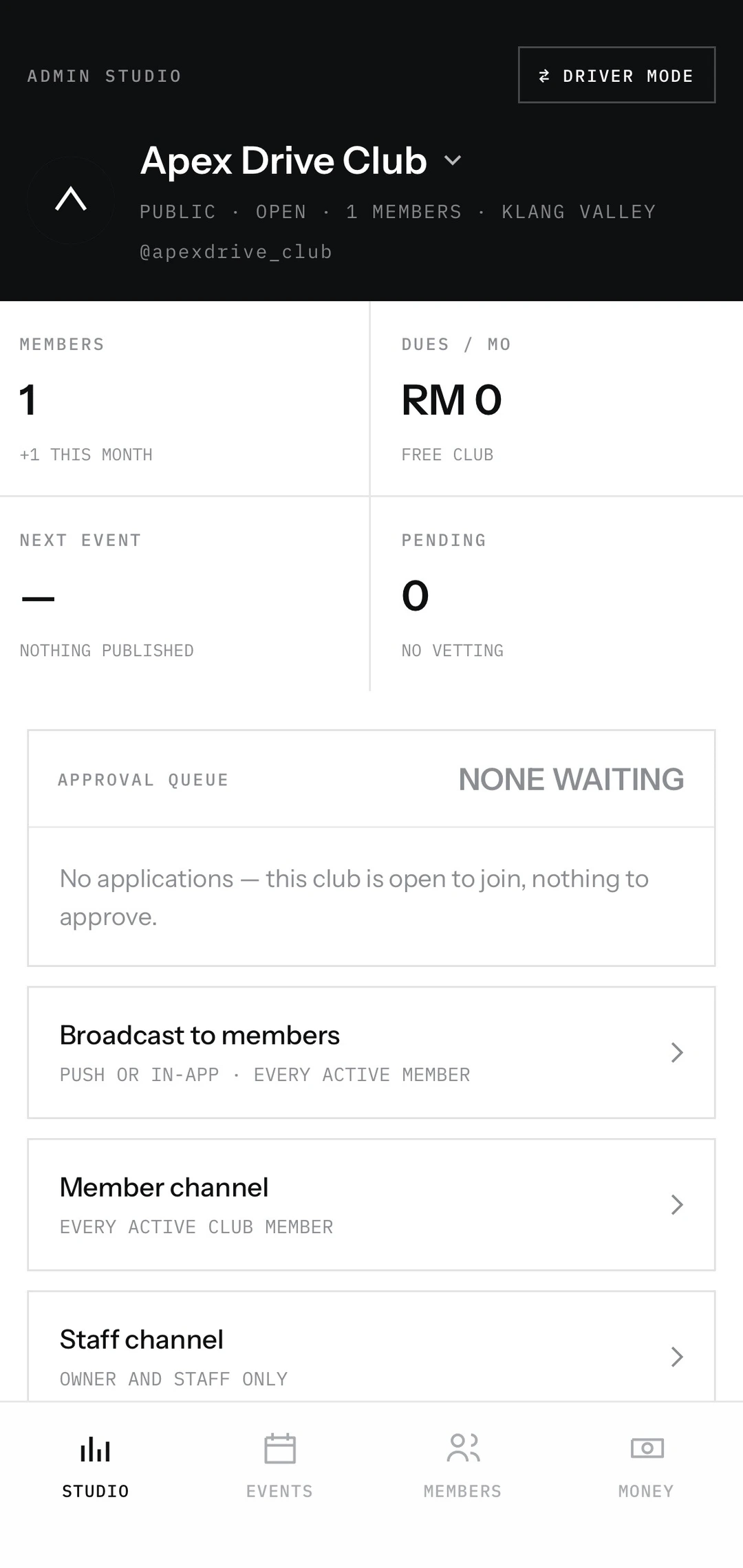 Apex Drive admin studio dashboard with members, dues and approval queue